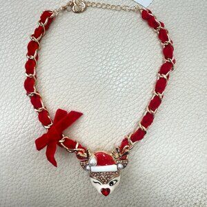 NWT BETSEY JOHNSON Winking Reindeer Pendant Bow Necklace